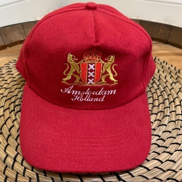 Vintage Amsterdam Holland Red Embroidered Corduroy Baseball Cap Hat - Picture 1 of 9